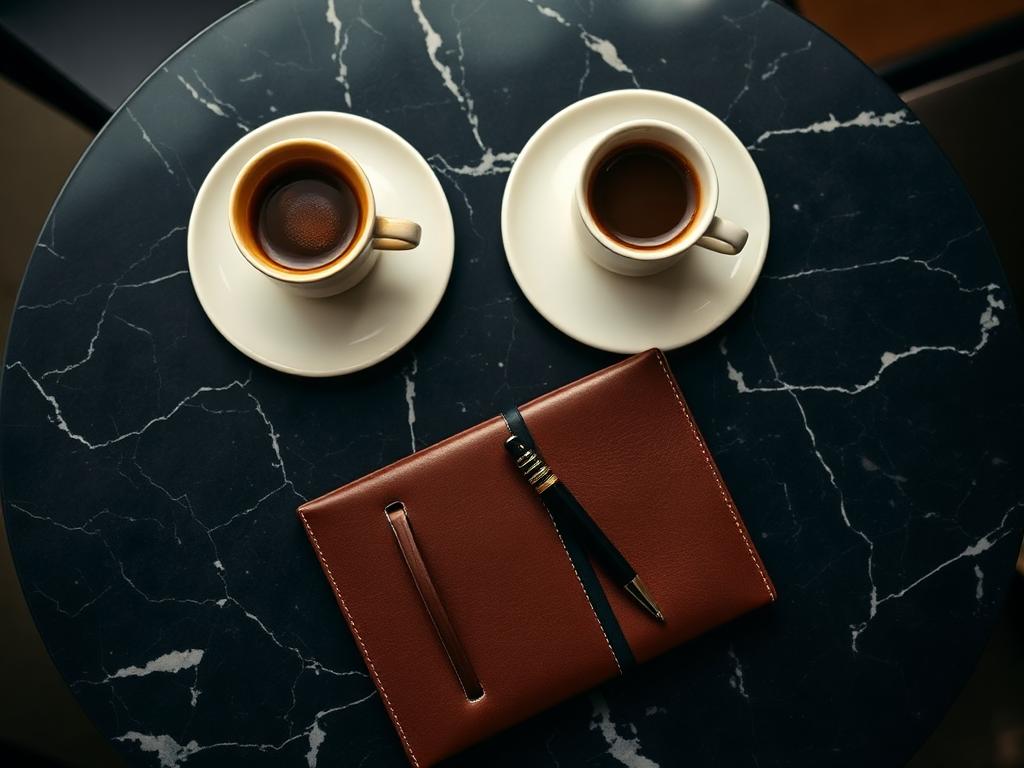 Deux cafés et un carnet de cuir sur une table de marbre dans un café parisien